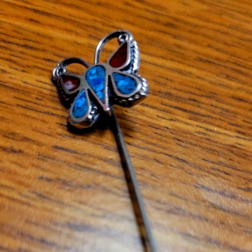 red and blue turquoise silver inlay butterfly lapel pin